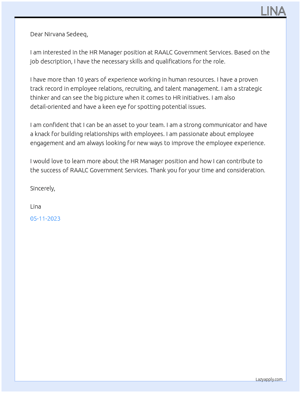 HR Manager At RAALC Government Services Cover Letter