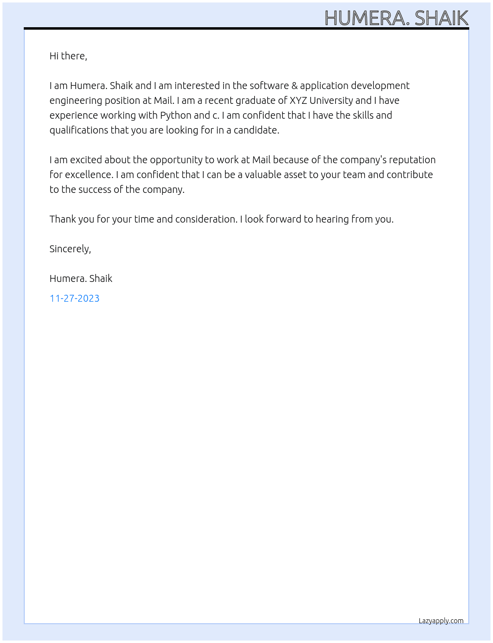 Software &application development engineering At Mail Cover Letter