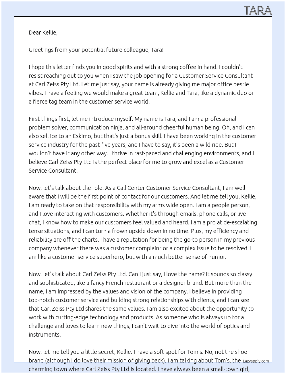 Customer Service Consultant  At Carl Zeiss Pty Ltd Cover Letter