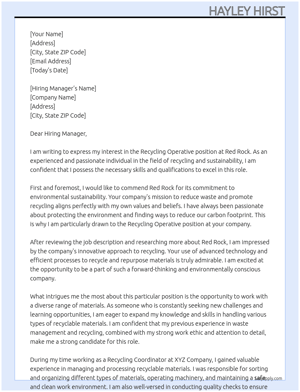Recycling operative At Red Rock Cover Letter
