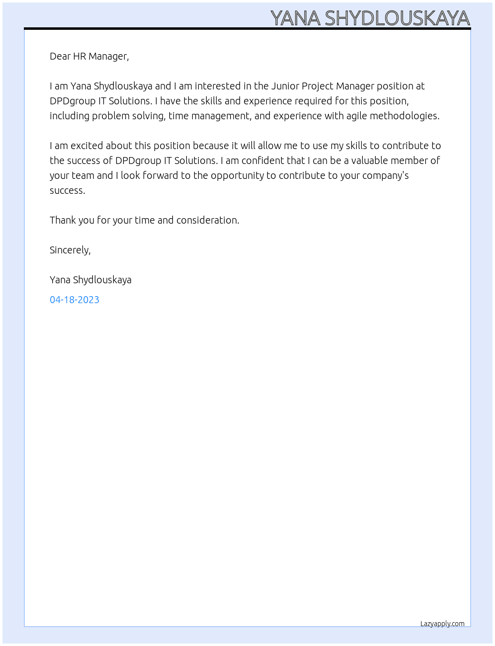 Junior Project Manager At DPDgroup IT Solutions Cover Letter
