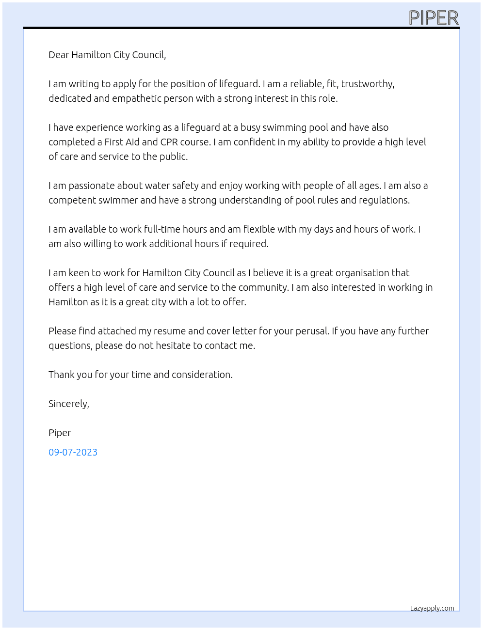Lifeguard  At Hamilton city council  Cover Letter