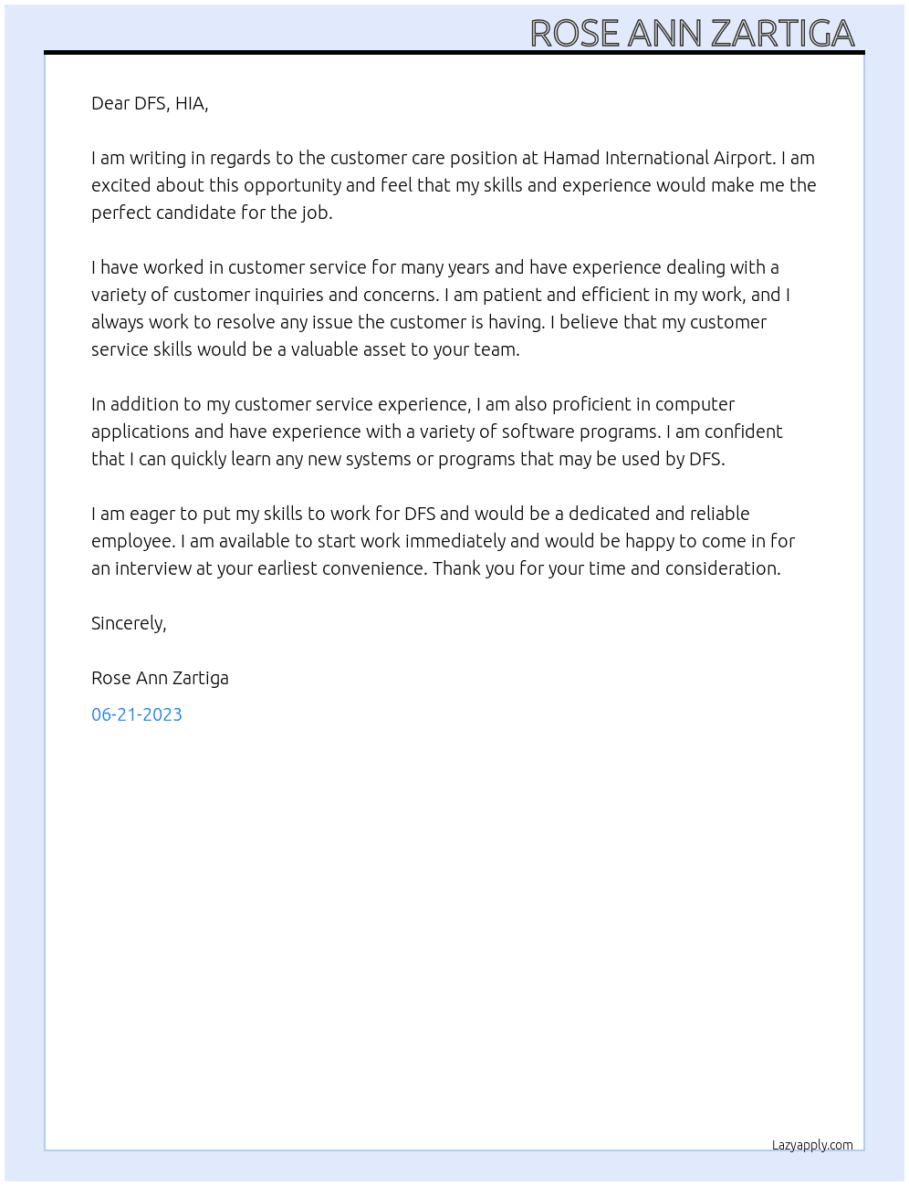 customer care At DFS, HIA Cover Letter