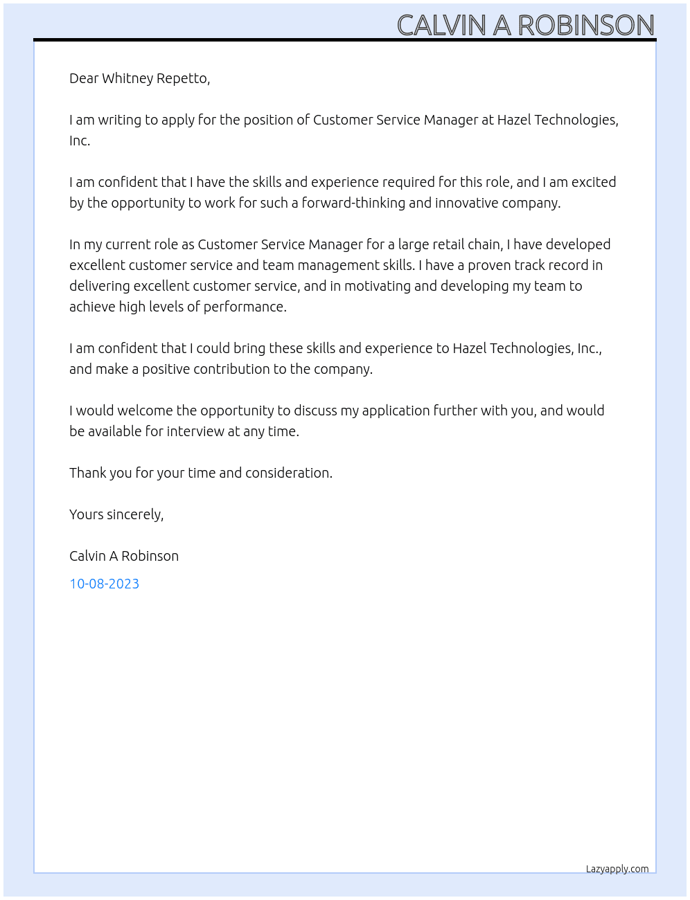 Customer service manager At  Hazel Technologies, Inc. Cover Letter