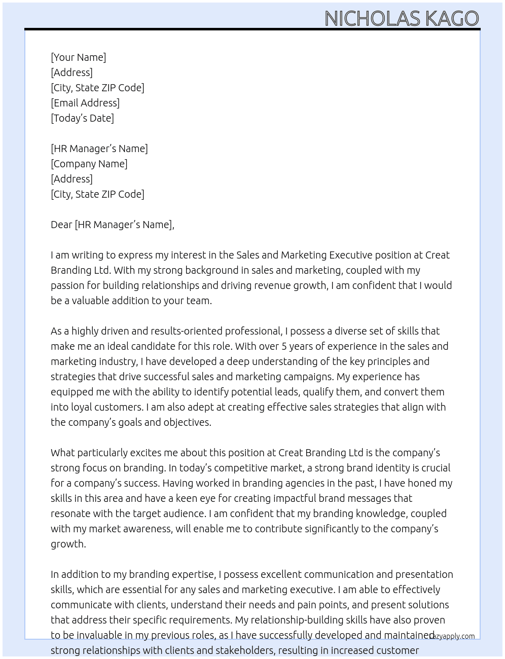 Sales and marketing executive At Creat Branding Ltd Cover Letter