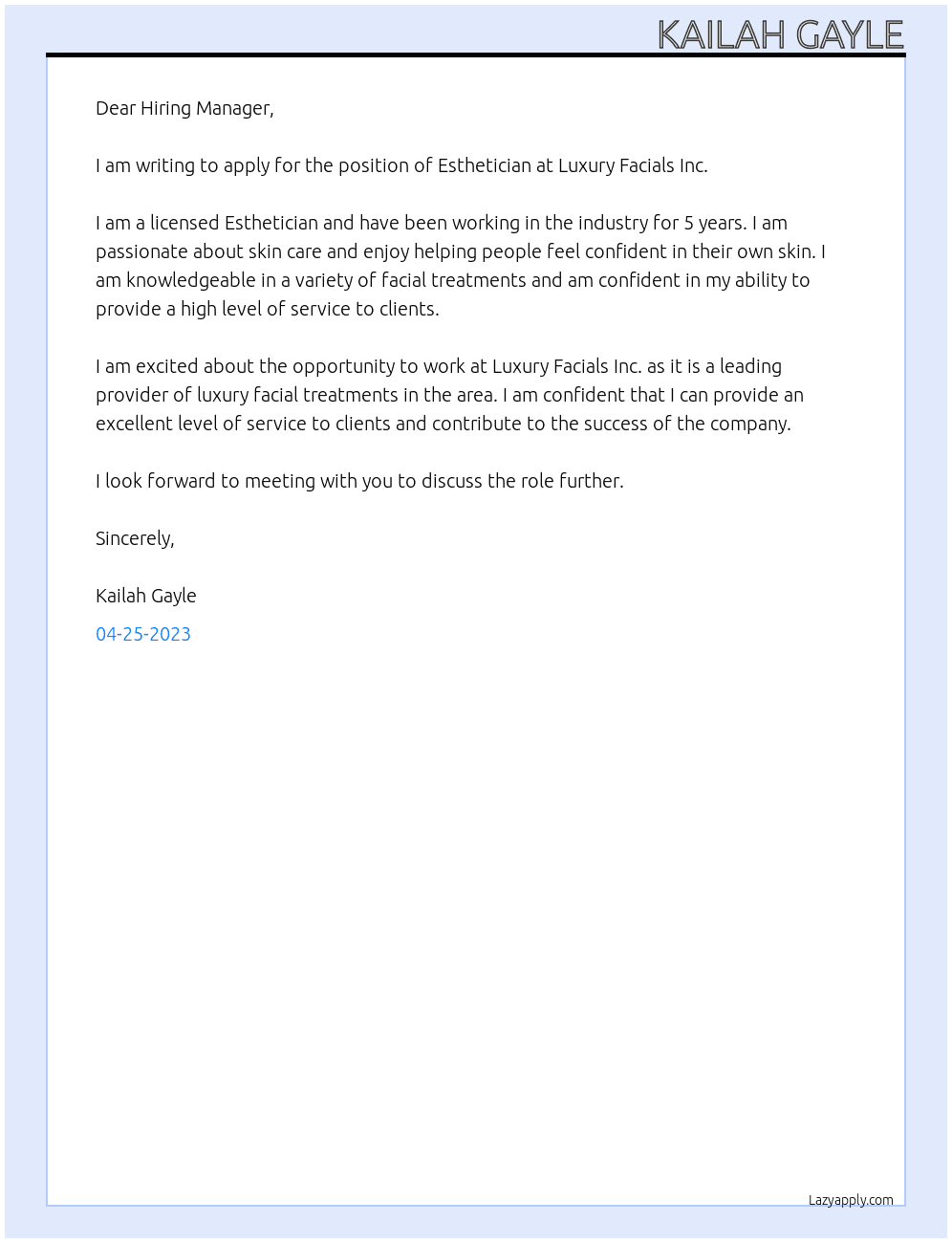 Esthetician  At Luxury Facials Inc Cover Letter