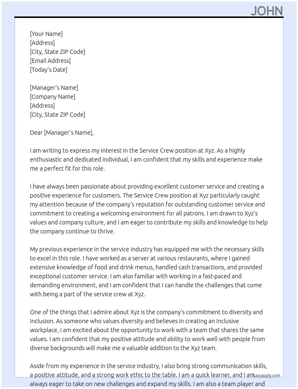 Service Crew At Xyz Cover Letter