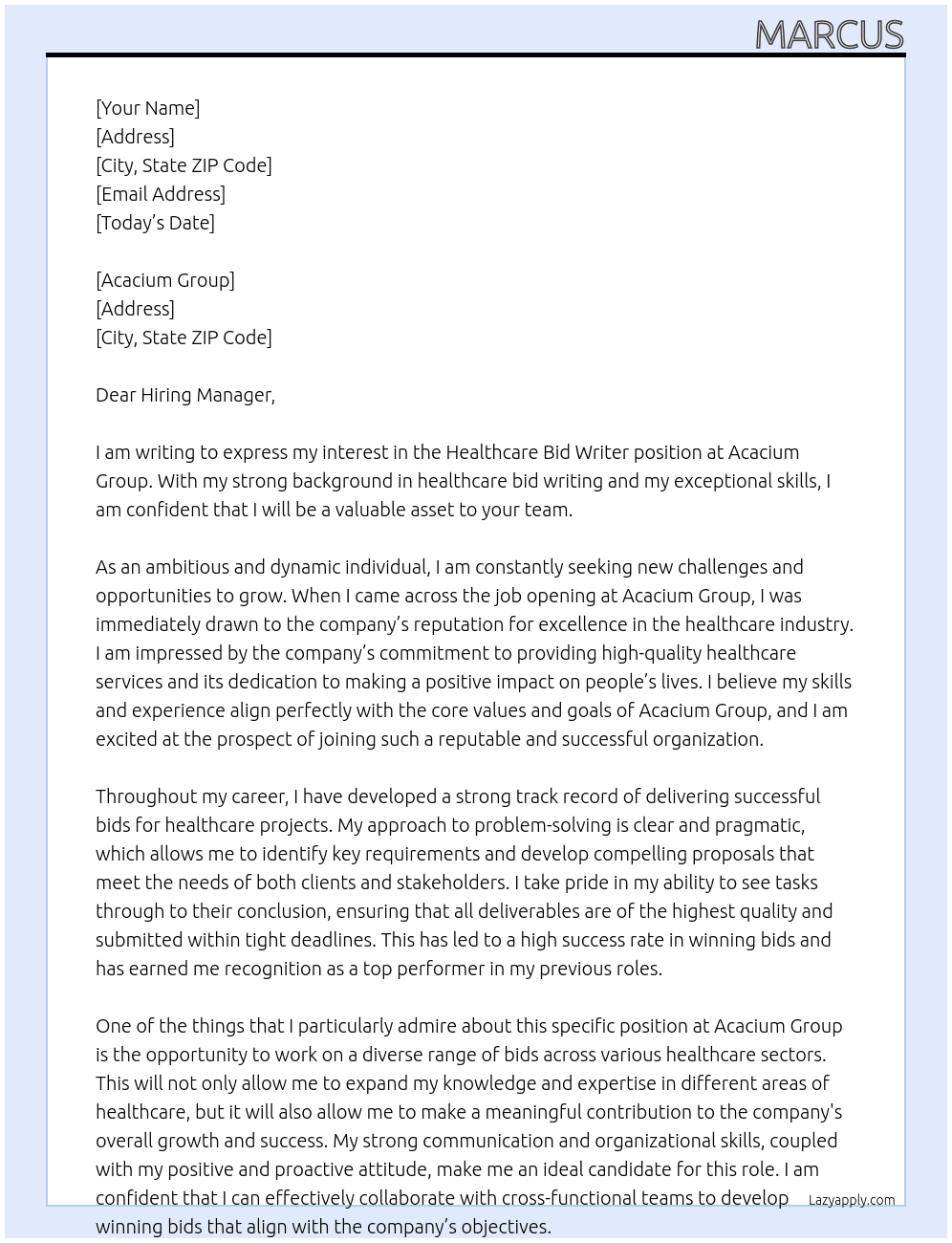 Healthcare Bid Writer At Acacium Group Cover Letter