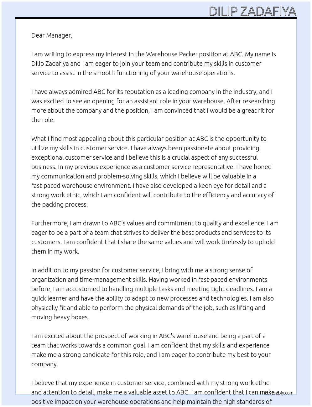 Warehouse Packer At abc Cover Letter