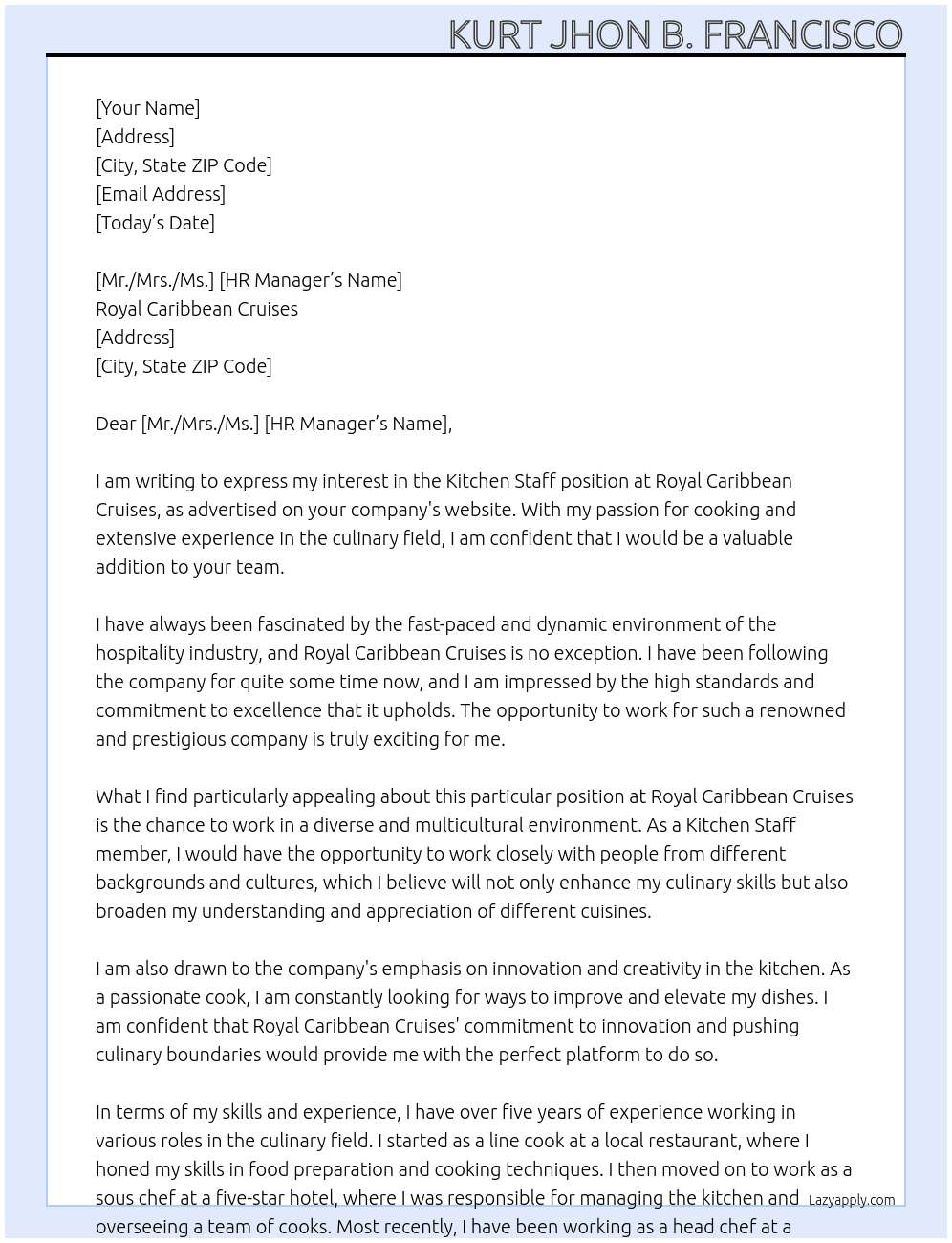 Kitchen Staff At Royal Caribbean Cruises Cover Letter