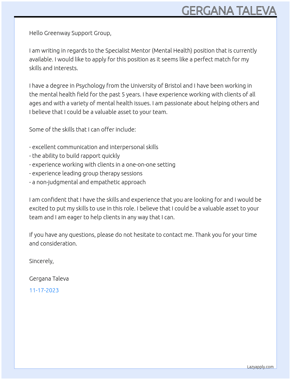 Specialist Mentor (Mental Health) At Greenway Support Group in Bristol Cover Letter