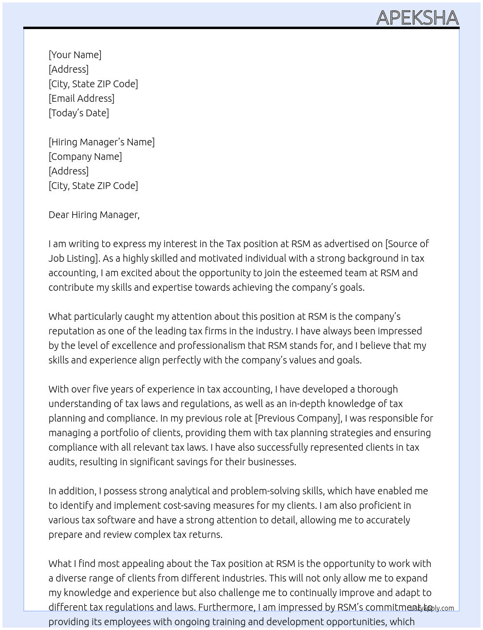 Tax At RSM Cover Letter