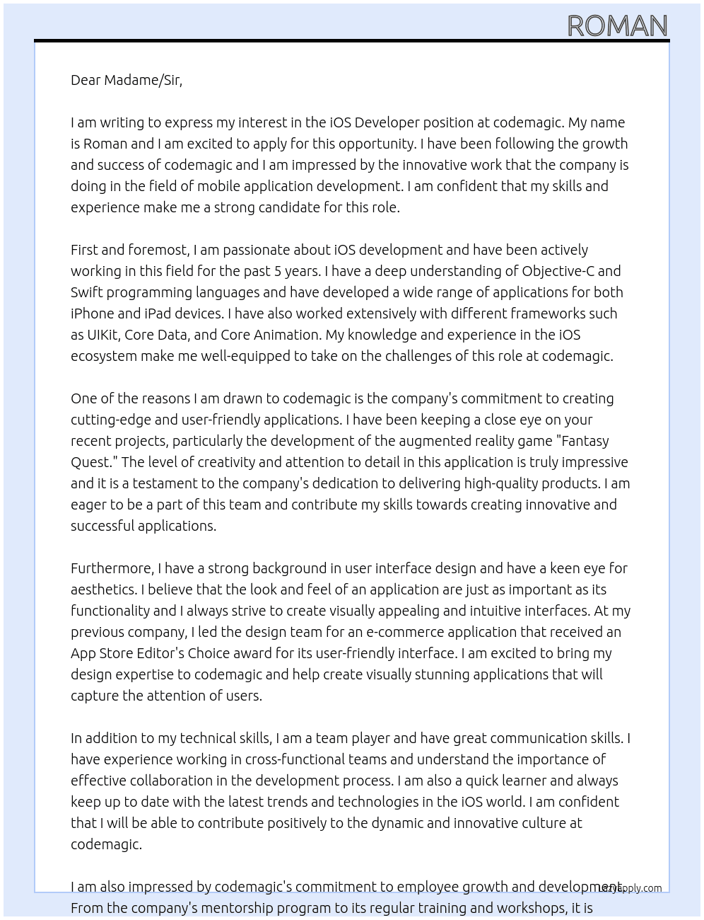 iOS Developer At codemagic Cover Letter