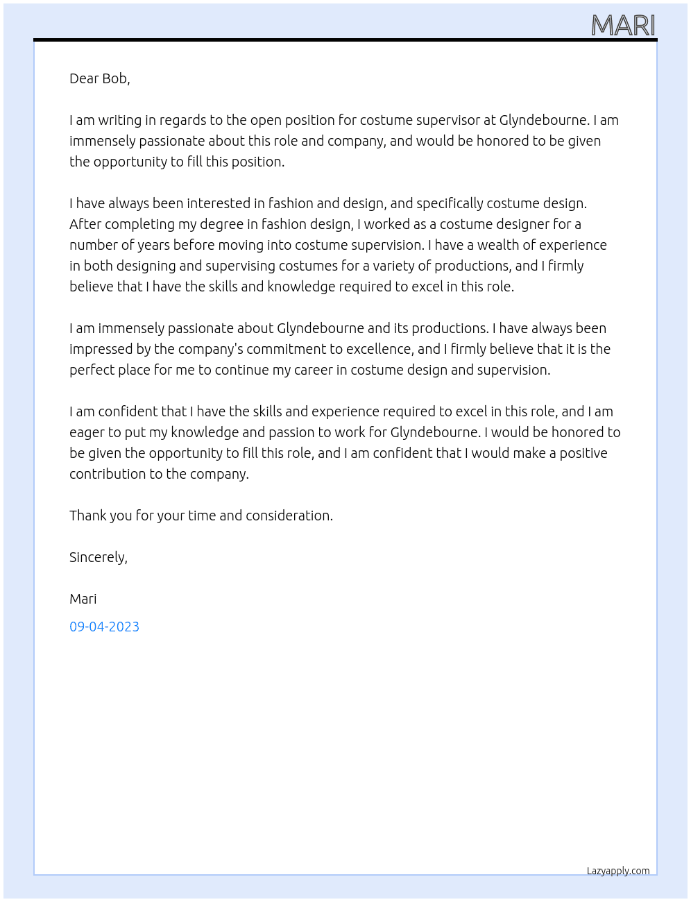 costume supervisor At Glyndebourne Cover Letter