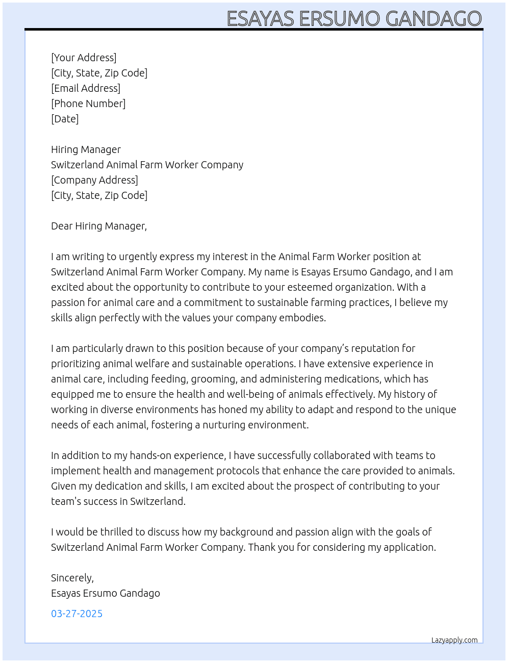 Cover letter for animal farm worker - LazyApply
