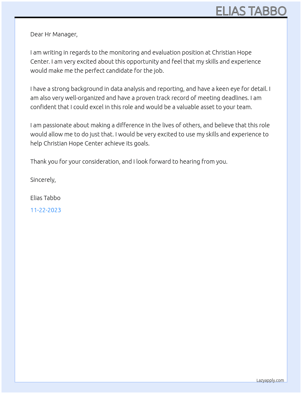 Monitoring and evaluation At Christian Hope Center Cover Letter