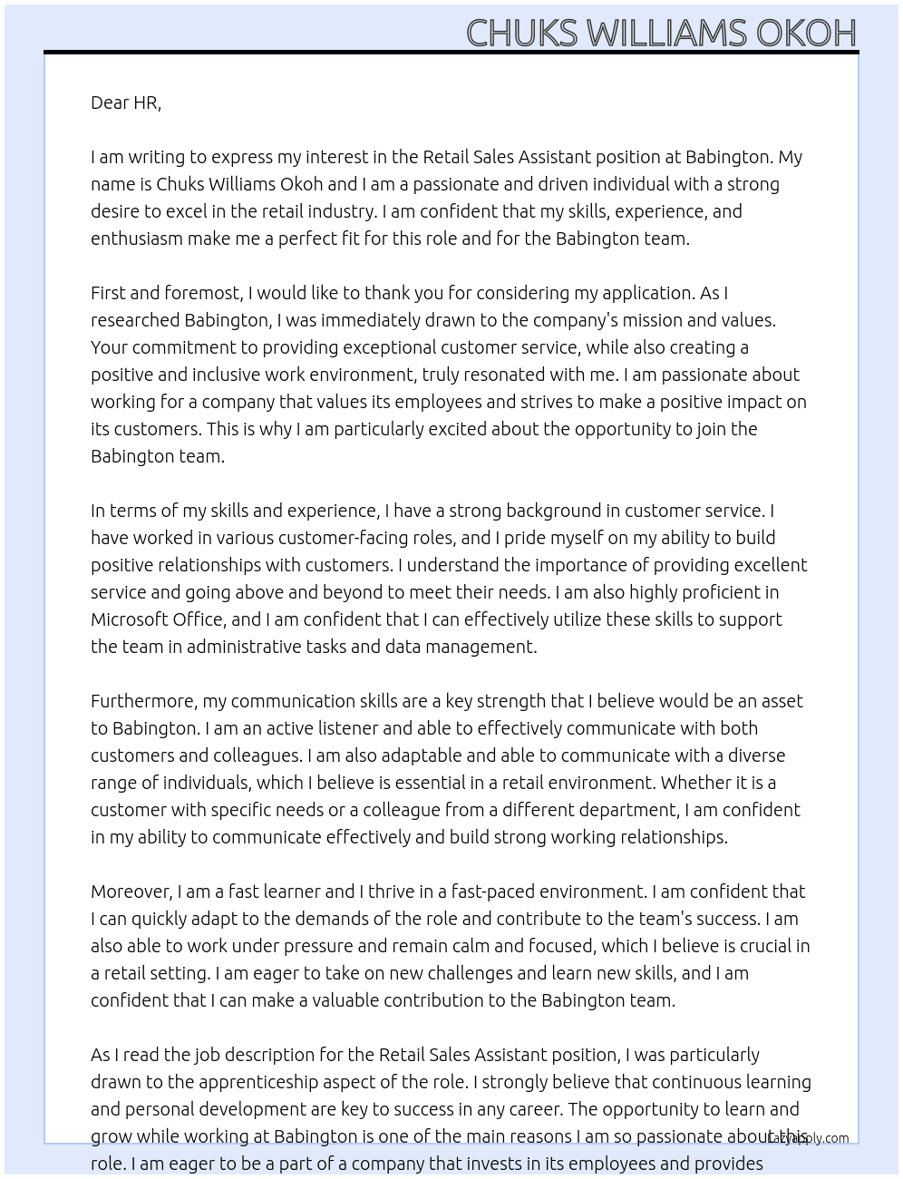 Retail sales Assistant At Babington Cover Letter