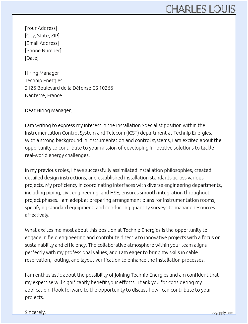 Installation Specialist At Technip Energies Cover Letter