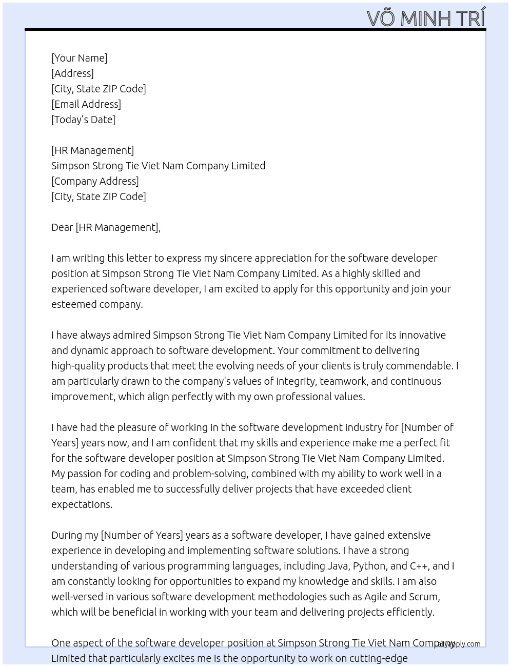 software developer At Simpson Strong Tie Viet Nam Company Limited Cover Letter