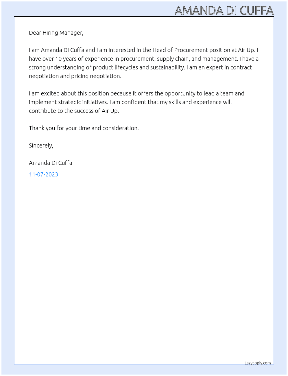 Head of procurement  At Air Up Cover Letter