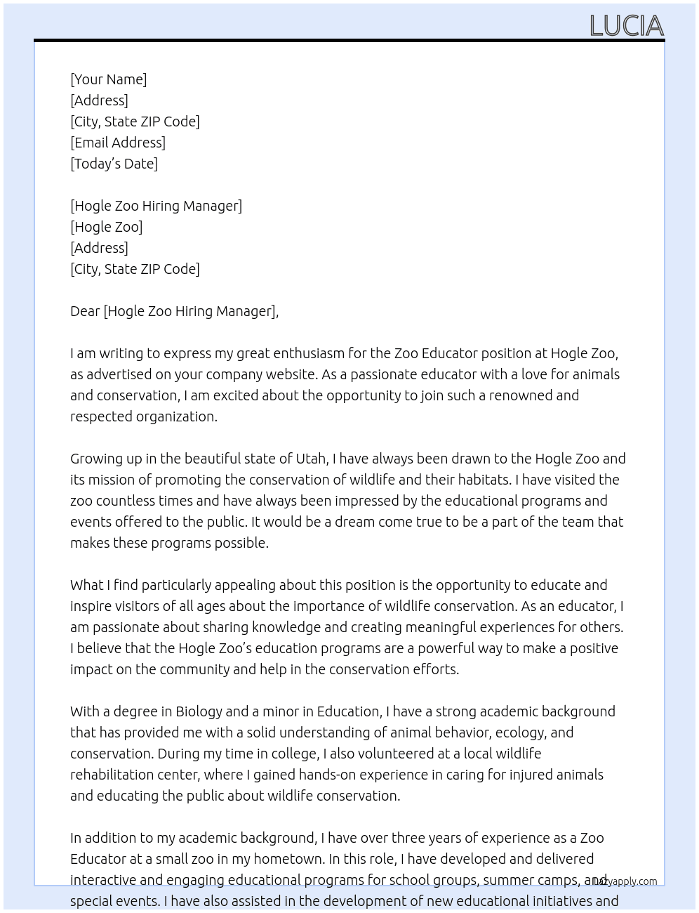 Zoo Educator At Zoo Cover Letter