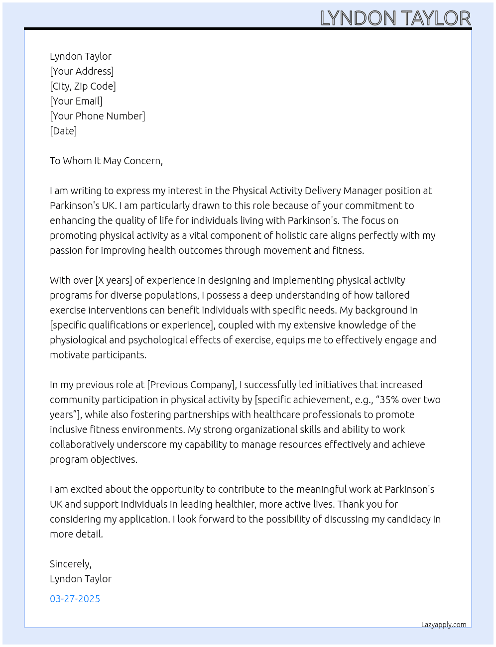 Physical Activity Delivery Manager At Parkinson's UK Cover Letter