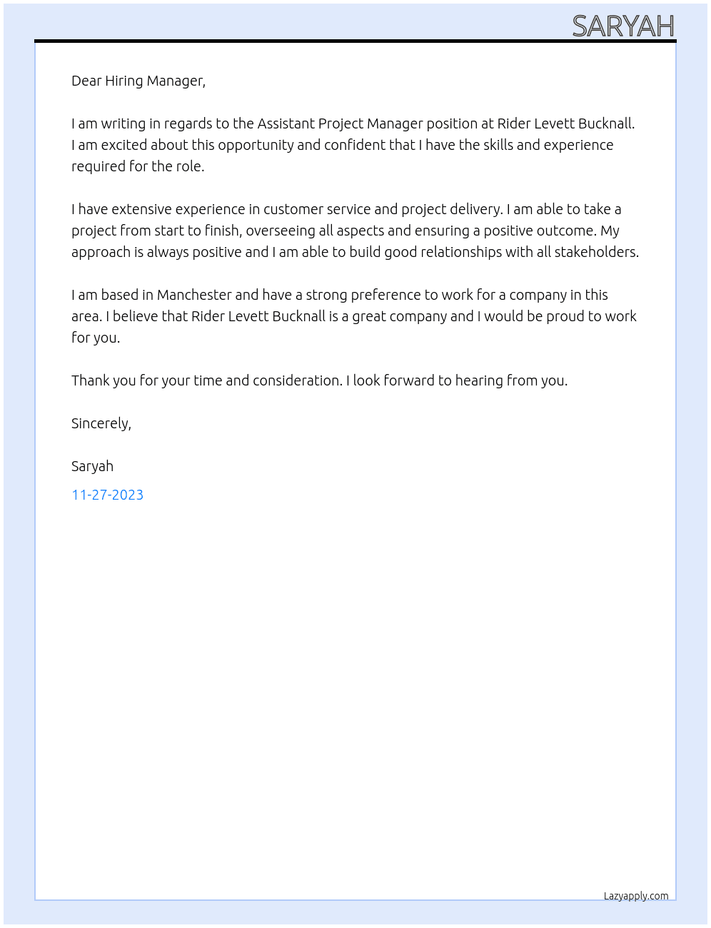 Assistant Project Manager At Rider Levett Bucknall Cover Letter