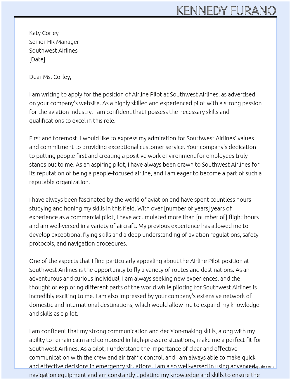 Airline Pilot At Southwest Airlines Cover Letter