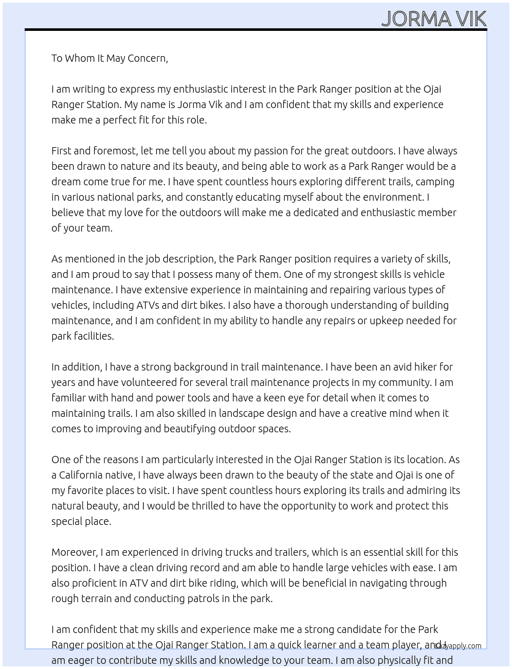 Park Ranger At Ojai Ranger Station Cover Letter