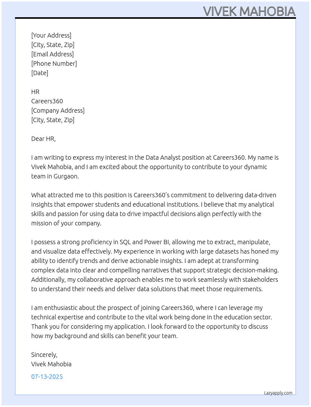 Data Analyst At Careers360 Cover Letter
