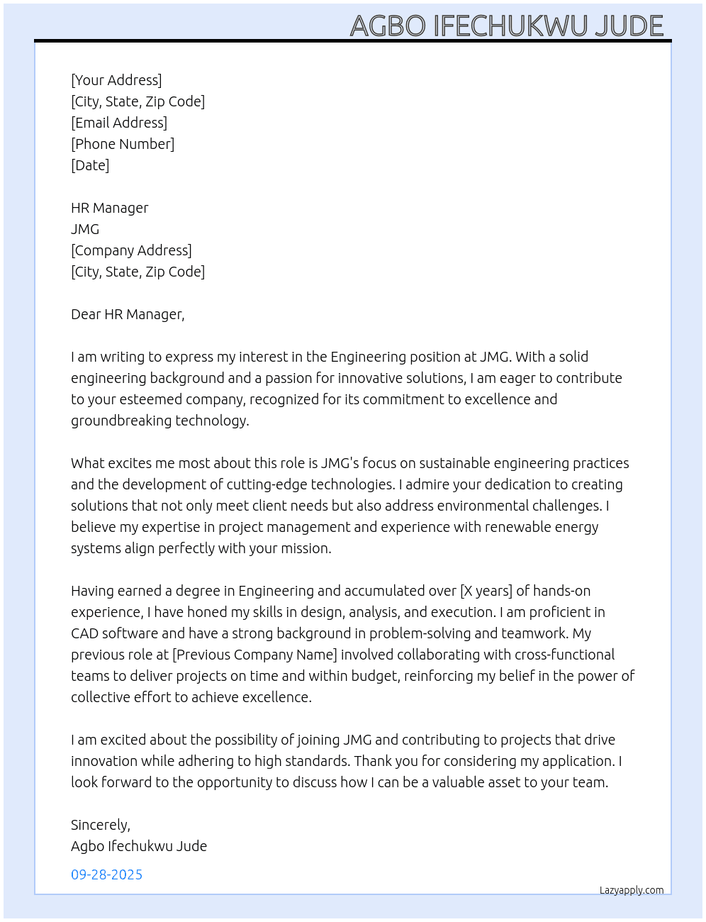 Engineering  At JMG Cover Letter