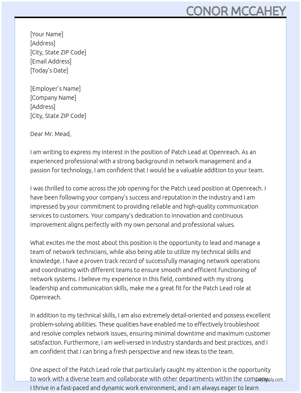 Patch Lead At Openreach Cover Letter