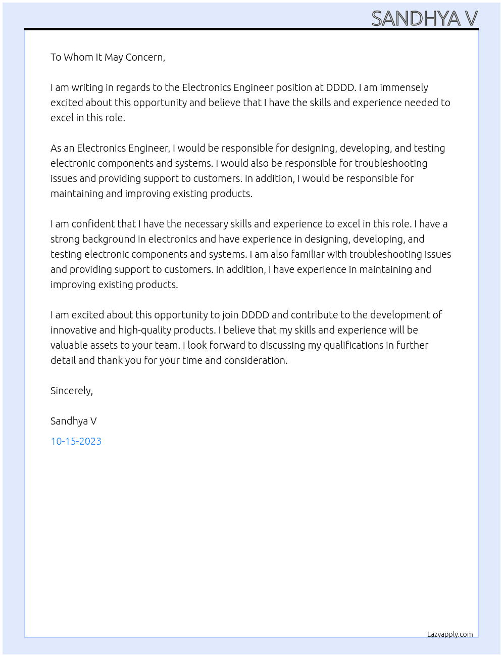 ELECTRONICS ENGINEER At DDDD Cover Letter
