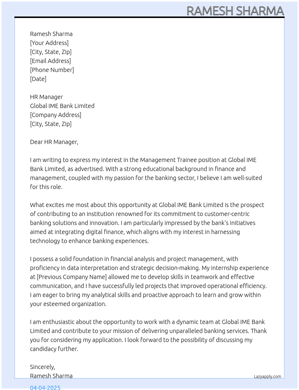 Management Trainee At Global IME Bank Limited Cover Letter