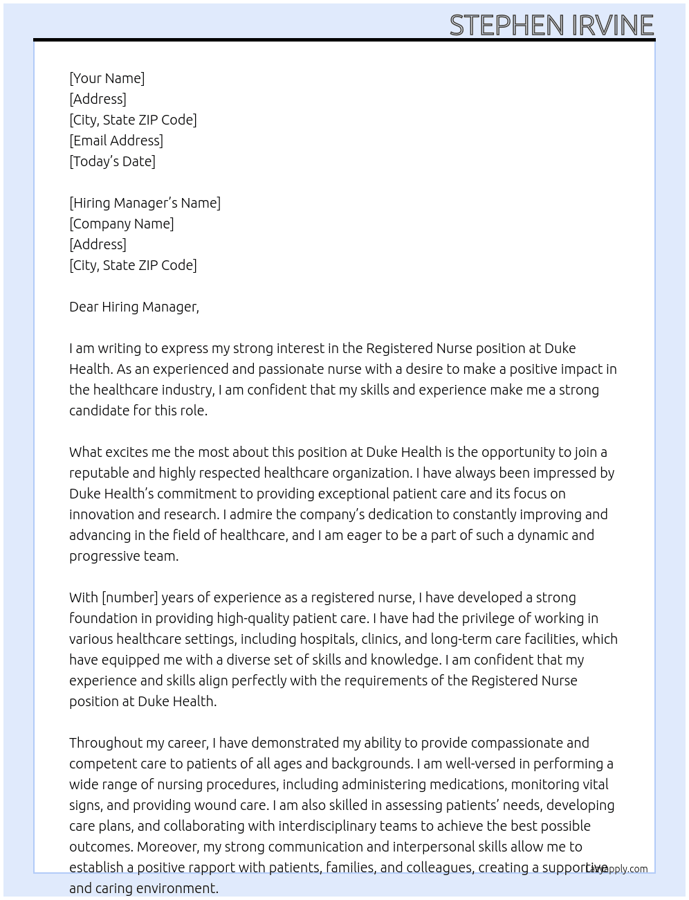 registered nurse At Duke Health Cover Letter