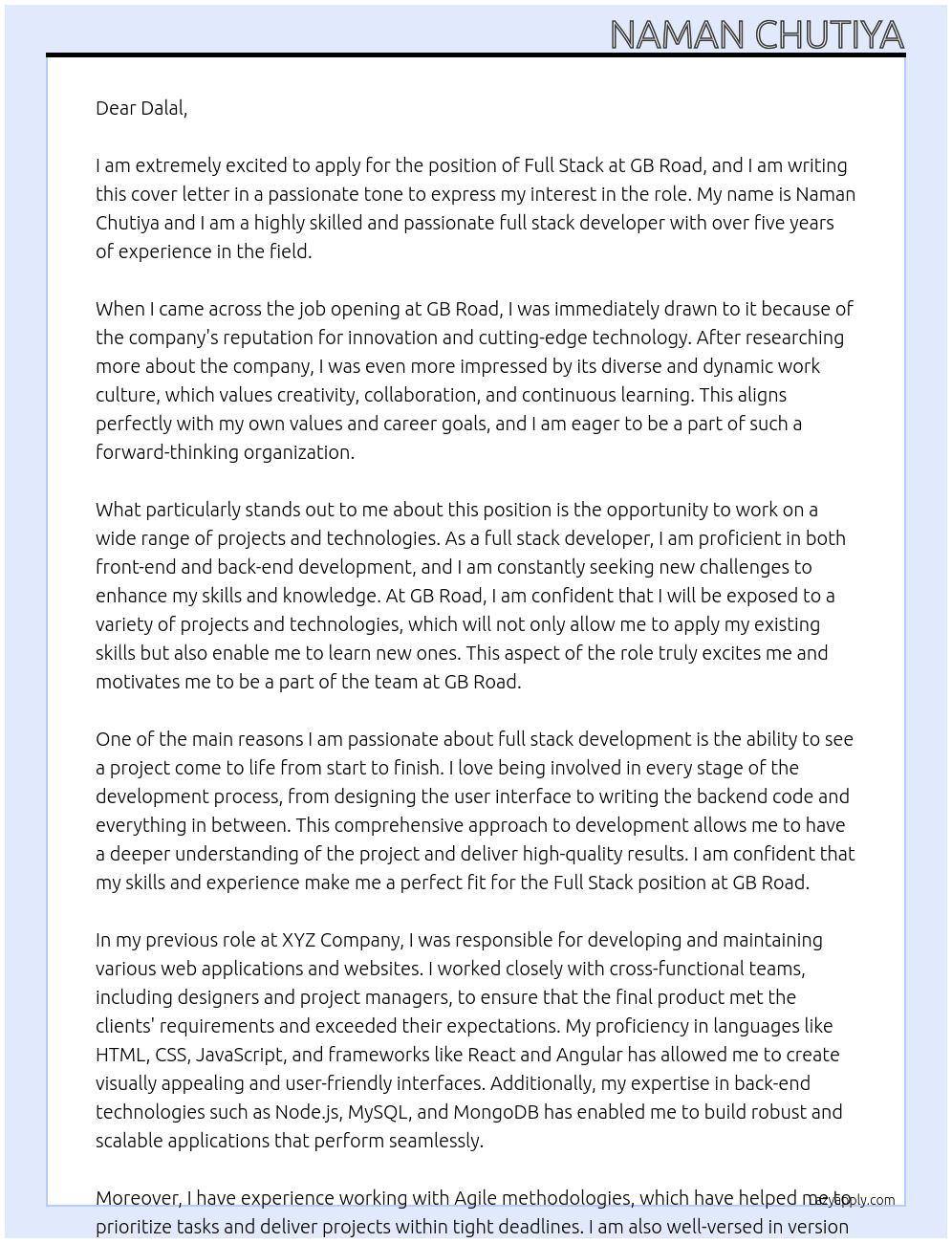 FULL STACK At GB road Cover Letter