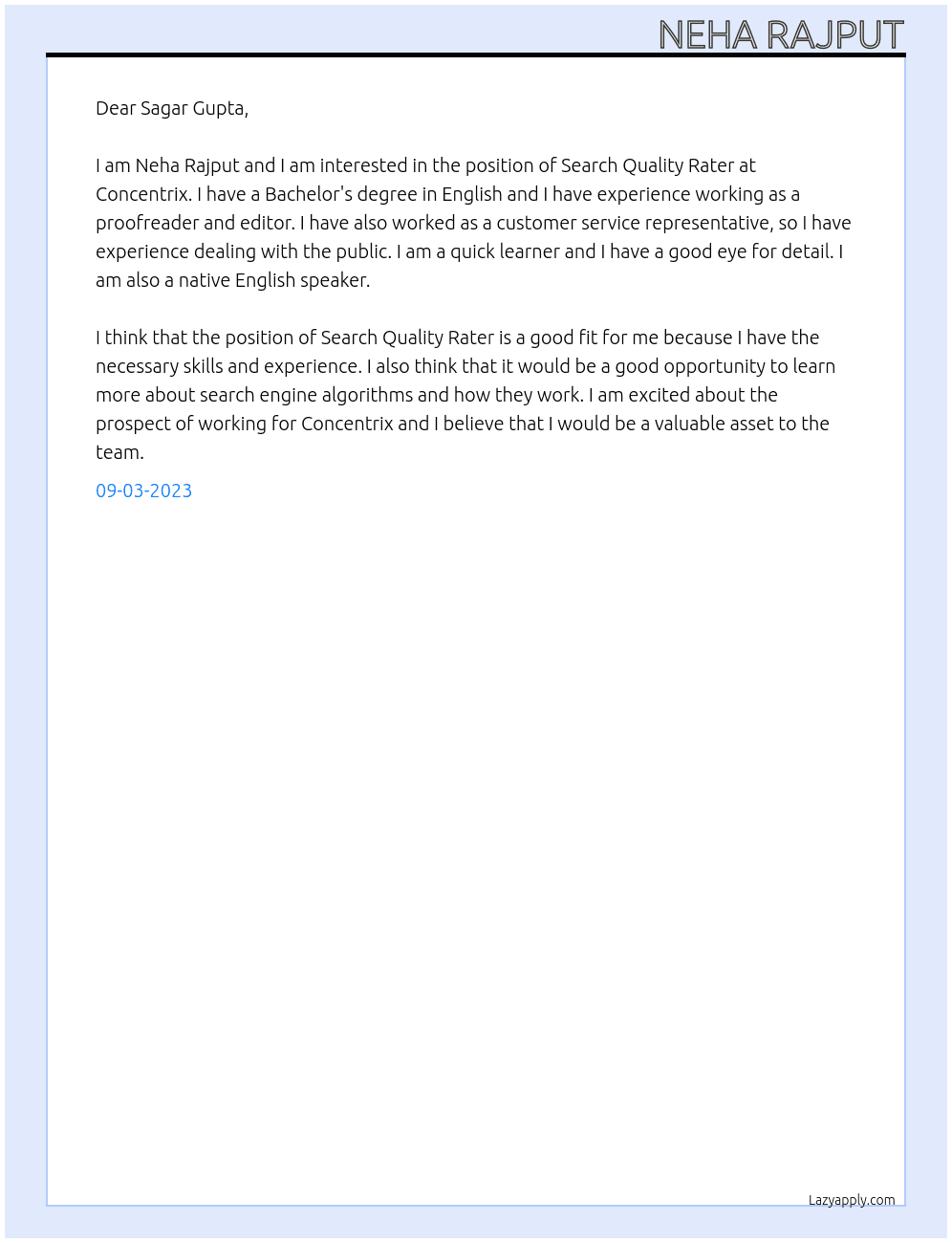 Search Quality Rater At Concentrix  Cover Letter