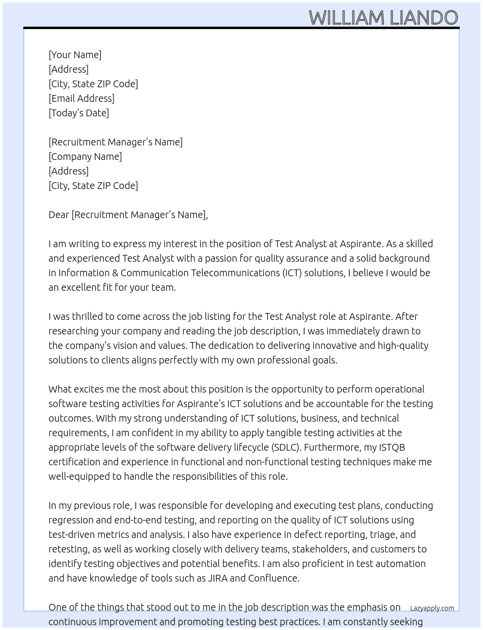 Test Analyst At Aspirante Cover Letter