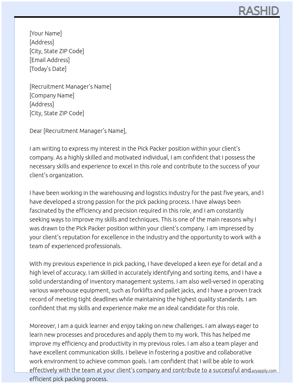 pick packer At your client Cover Letter