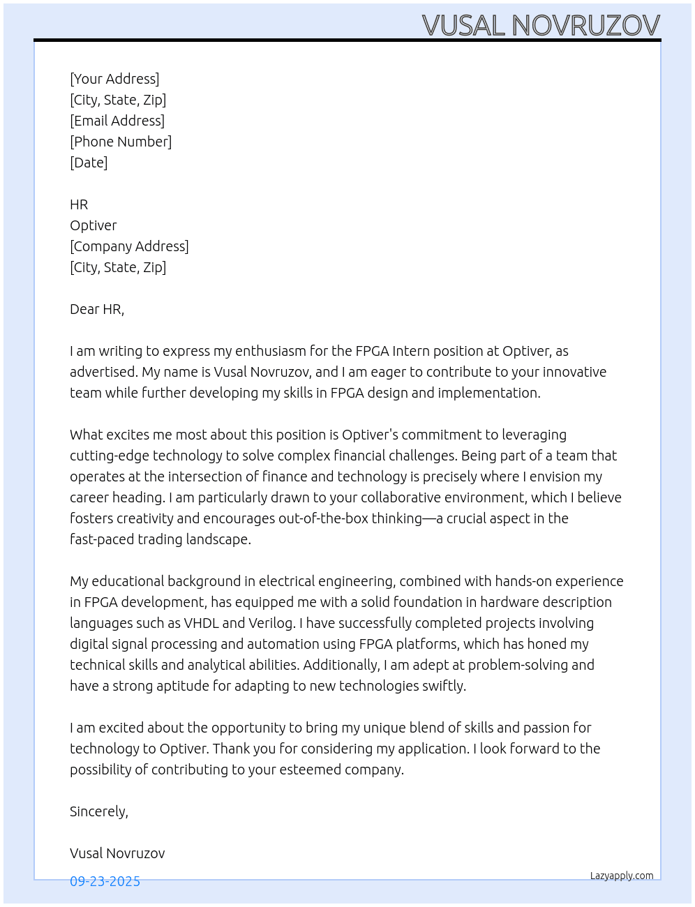 FPGA Intern At Optiver Cover Letter
