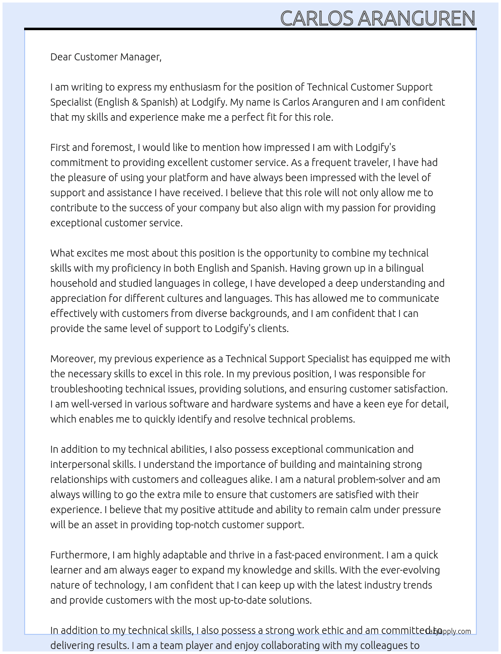 Technical Customer Support Specialist ( English & Spanish ) At Lodgify Cover Letter