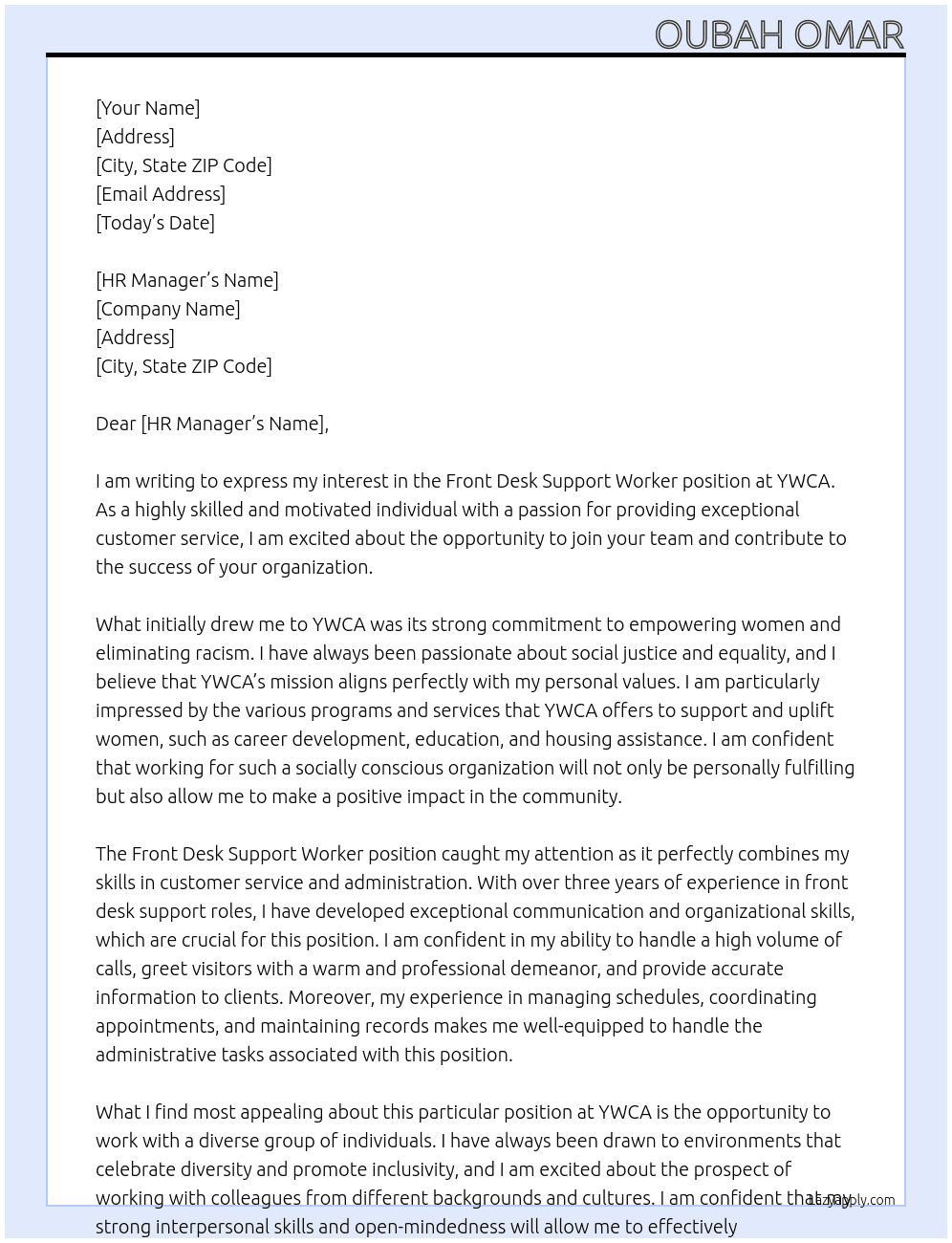FRONT DESK SUPPORT WORKER At YWCA Cover Letter