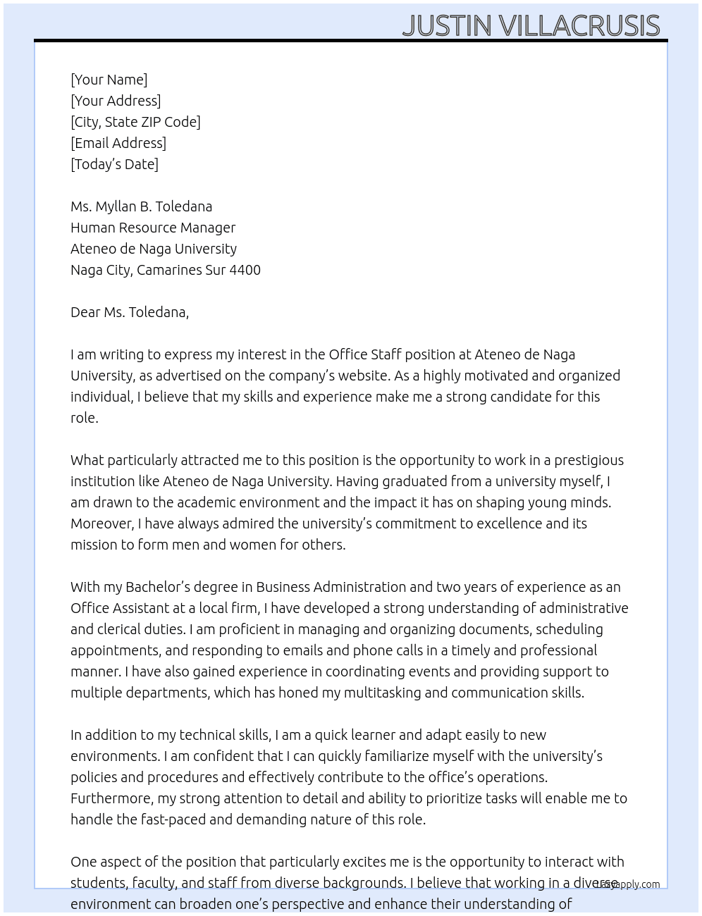 Office Staff At Ateneo de Naga University  Cover Letter