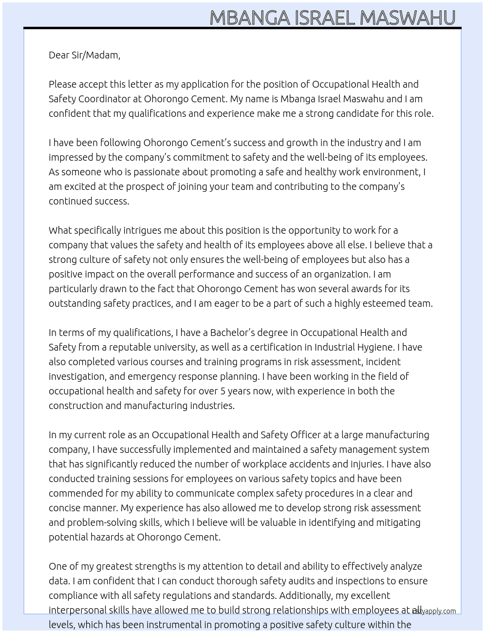 Occupational health and safety Coordinator  At Ohorongo Cement  Cover Letter