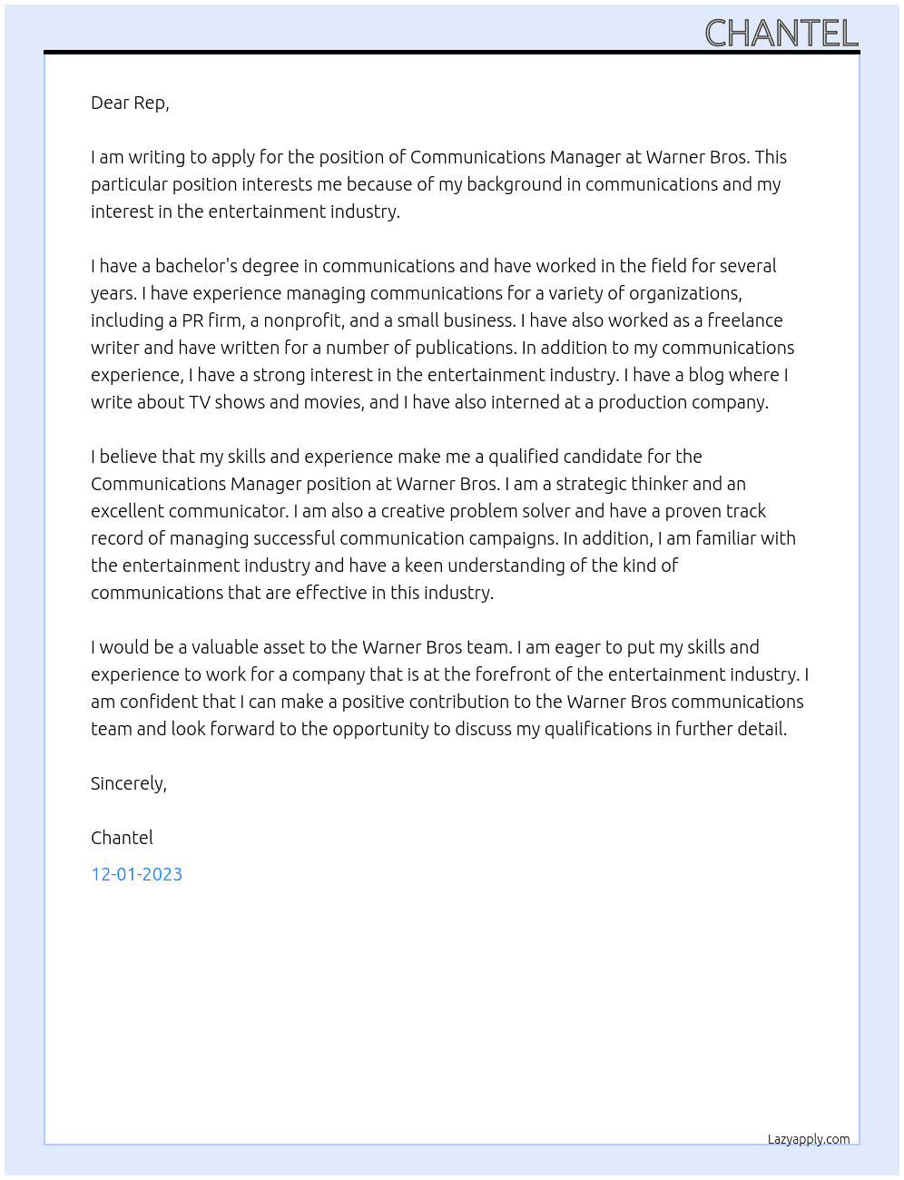 Communications manager At Warner Bros Cover Letter