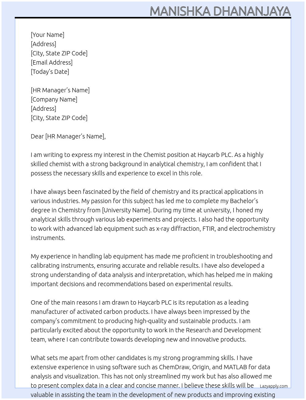 Chemist At Haycarb PLC Cover Letter