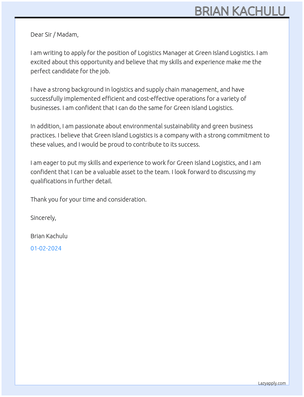 Logistics Manager At Green island logistics  Cover Letter