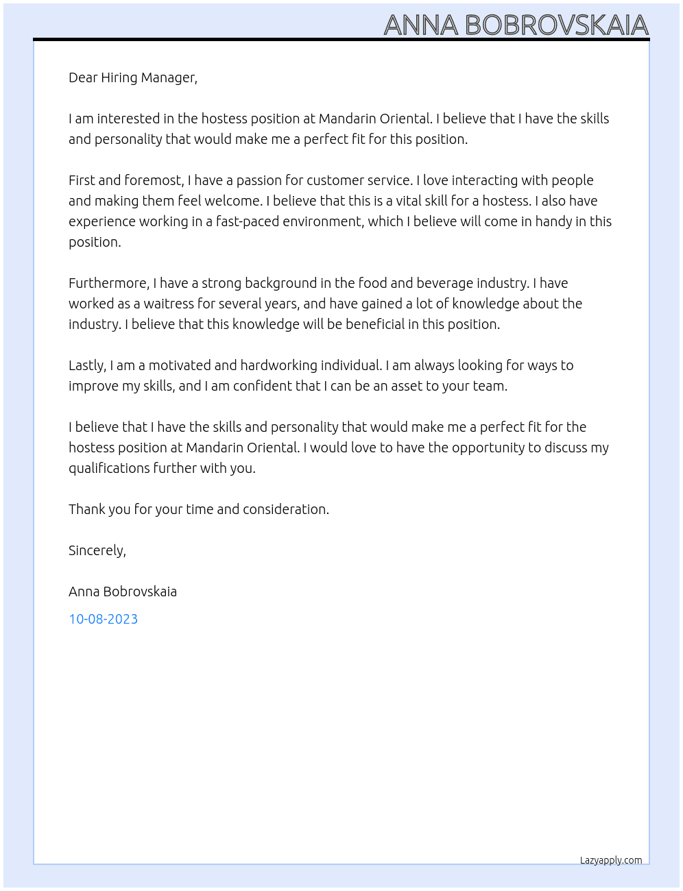hostess At Mandarin oriental Cover Letter