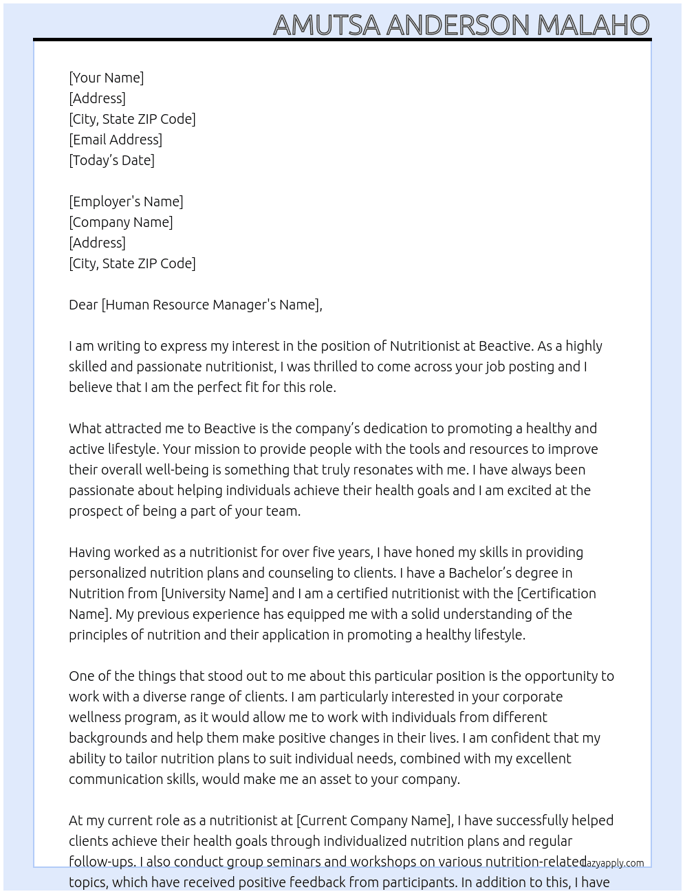nUTRITIONIST At Beactive Cover Letter
