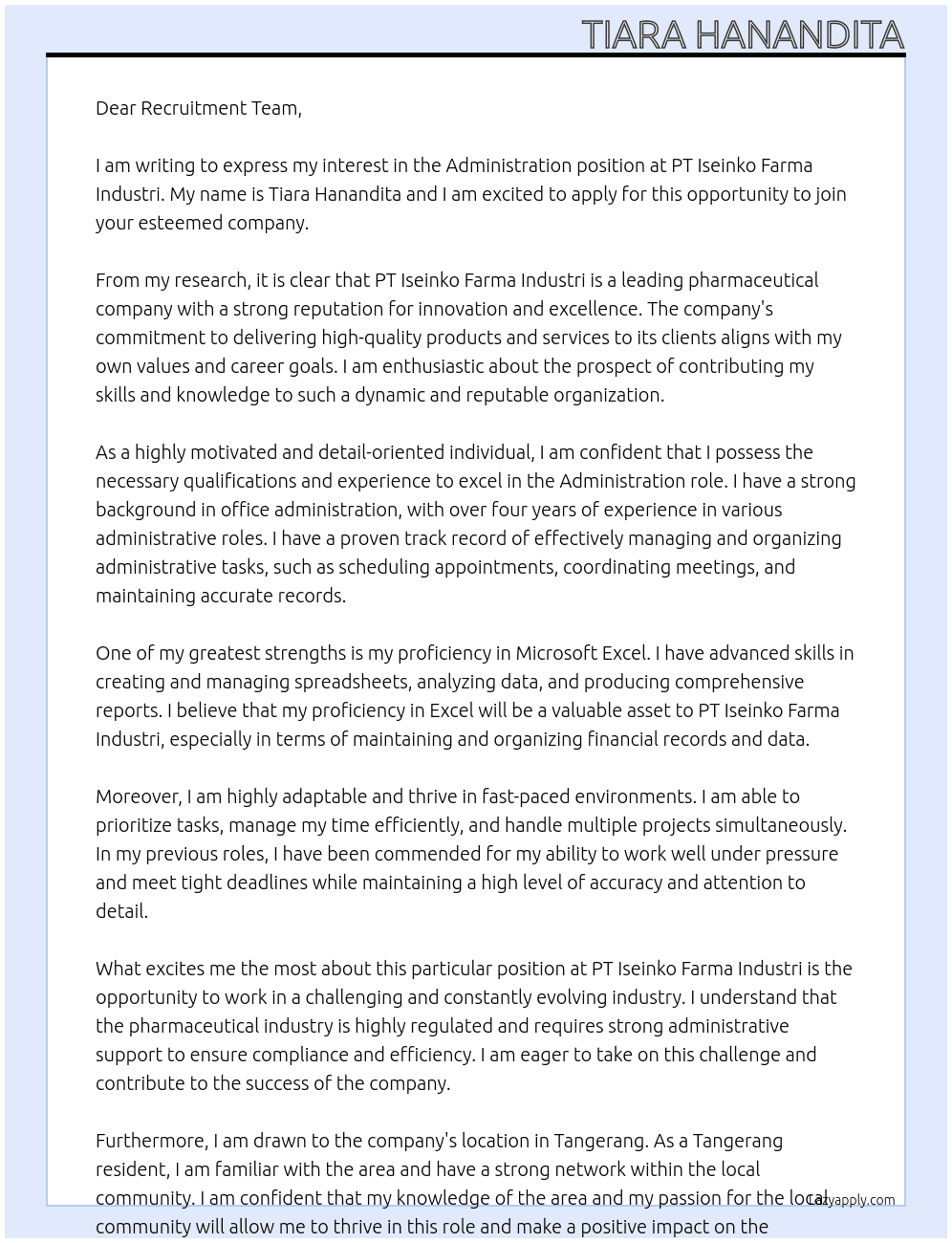 administration At PT Iseinko Farma Industri Cover Letter